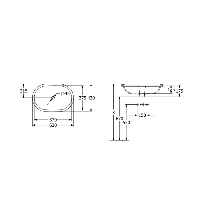 УМИВАЛНИК ARHITECTURA ЗА МОНТАЖ ПОД ПЛОТ С ПРЕЛИВНИК, ОВАЛ, 570 Х 375 Х 175MM, CERAMIC PLUS ALPIN 5A7660R1