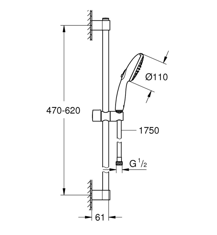 КОМПЛЕКТ ОКАЧВАНЕ 600 MM И РЪЧЕН ДУШ TEMPESTA 110 ILL, 9,5 L/MIN 261622433