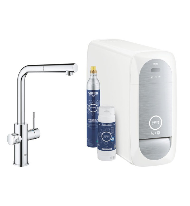 КОМПЛЕКТ КУХНЕНСКИ СМЕСИТЕЛ GROHE BLUE HOME С L - ЧУЧУР, ФИЛТРИРАНА, ИЗСТУДЕНА И ГАЗИРАНА ВОДА 31539000