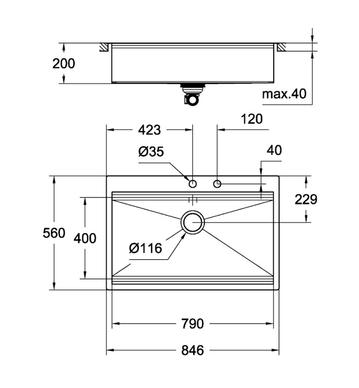 КУХНЕНСКИ УМИВАЛНИК K800, 846 Х 560 MM 31584SD0