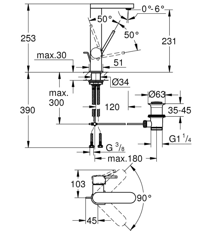 GROHE PLUS СМЕСИТЕЛ ЗА УМИВАЛНИК 1/2'', ЕДНОРЪКОХВАТКОВ, L-РАЗМЕР 23851AL3